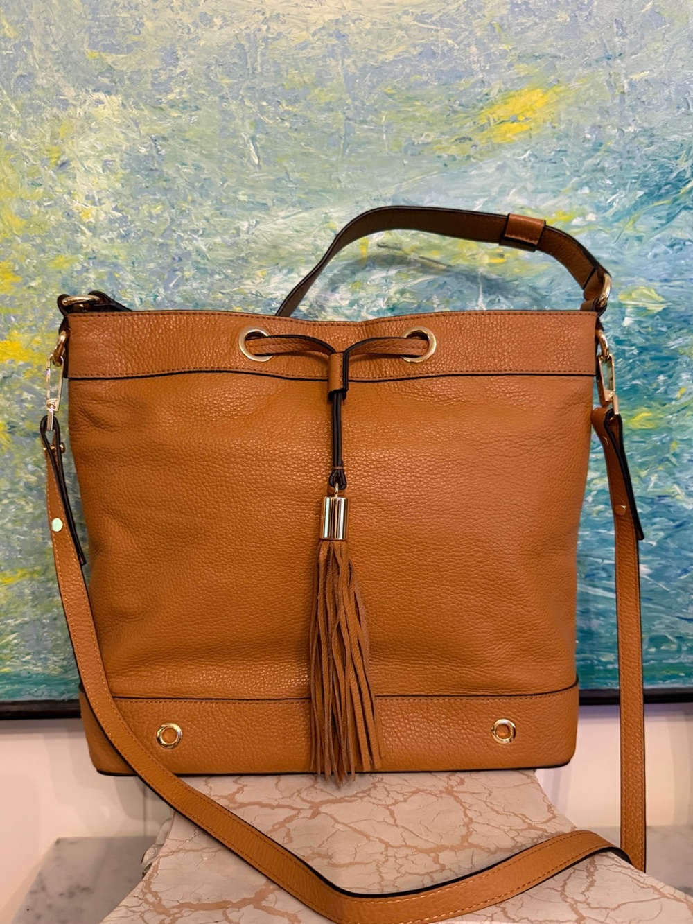 Milly Tassel Tote Bag in Pebble Cognac Leather with Double Strap
